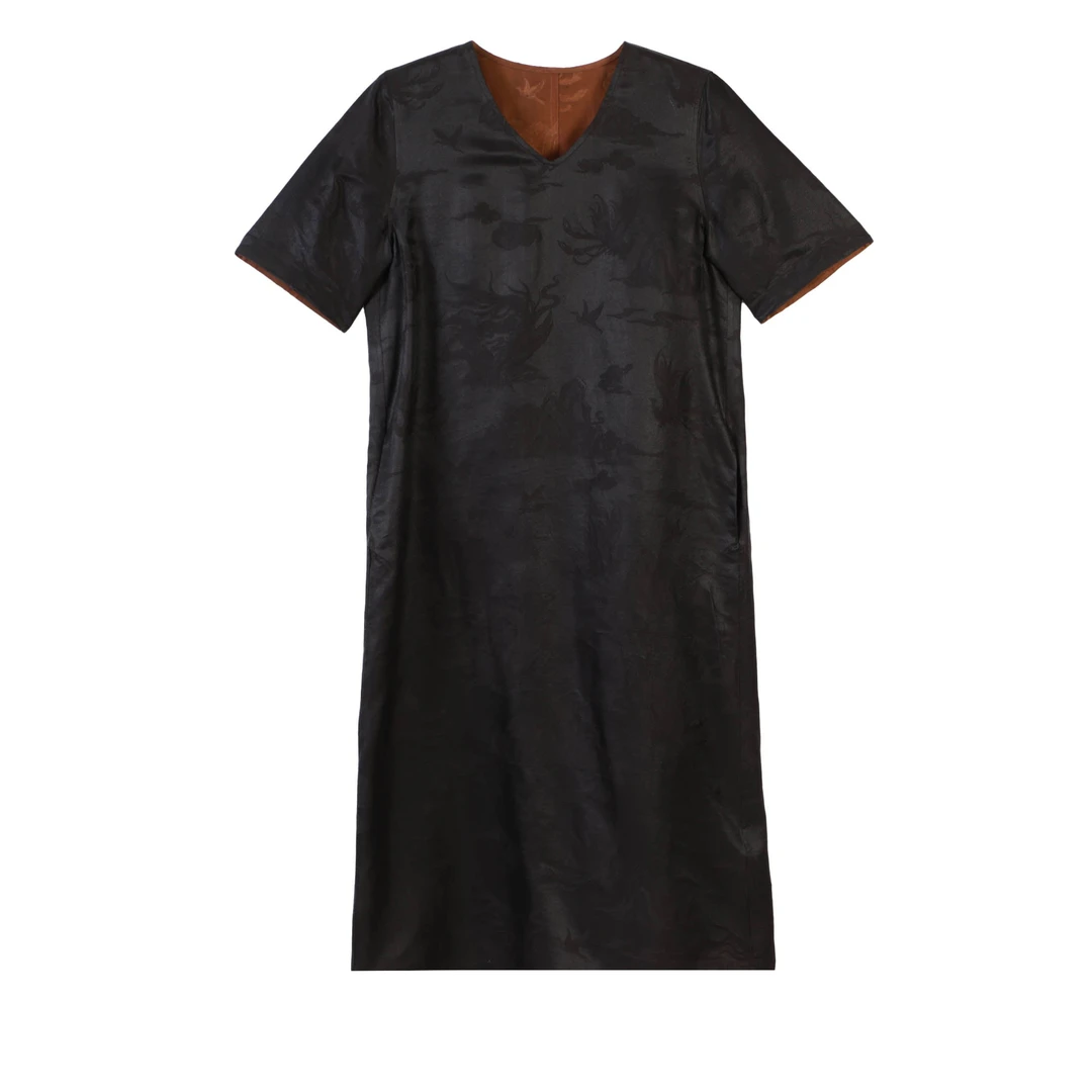 疆 新中式国风 重缎提花 老料重磅 V领 长款 连衣裙 282268 L 115