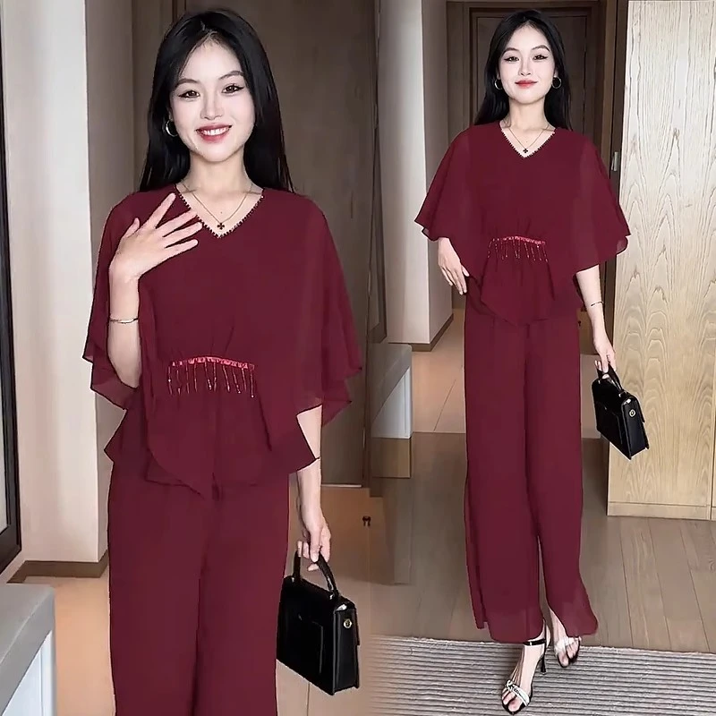 时尚雪纺套装女2025夏季新款洋气显瘦遮肉短袖阔腿裤气质两件套潮