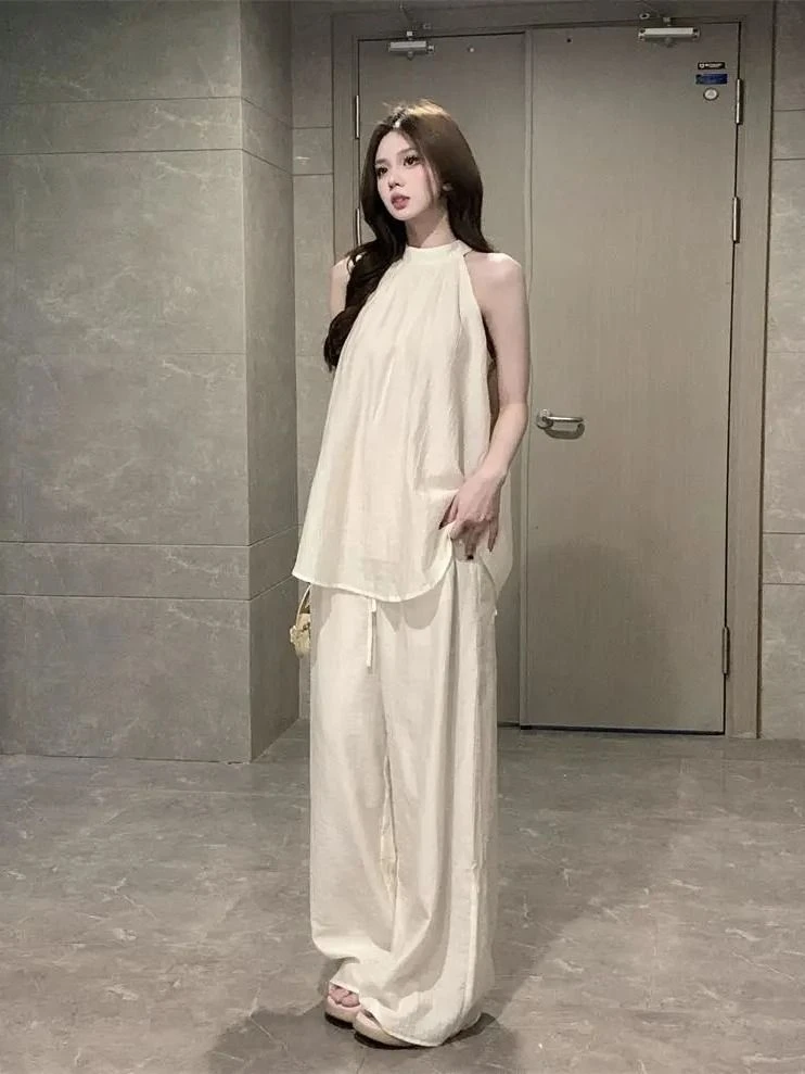 慵懒气质宽松无袖夏季新款2025挂脖上衣半身阔腿裤显瘦两件套女潮