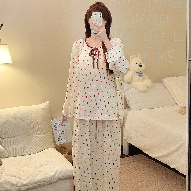 带胸垫睡衣长袖女秋2025新款彩色波点甜美可外穿家居服套装