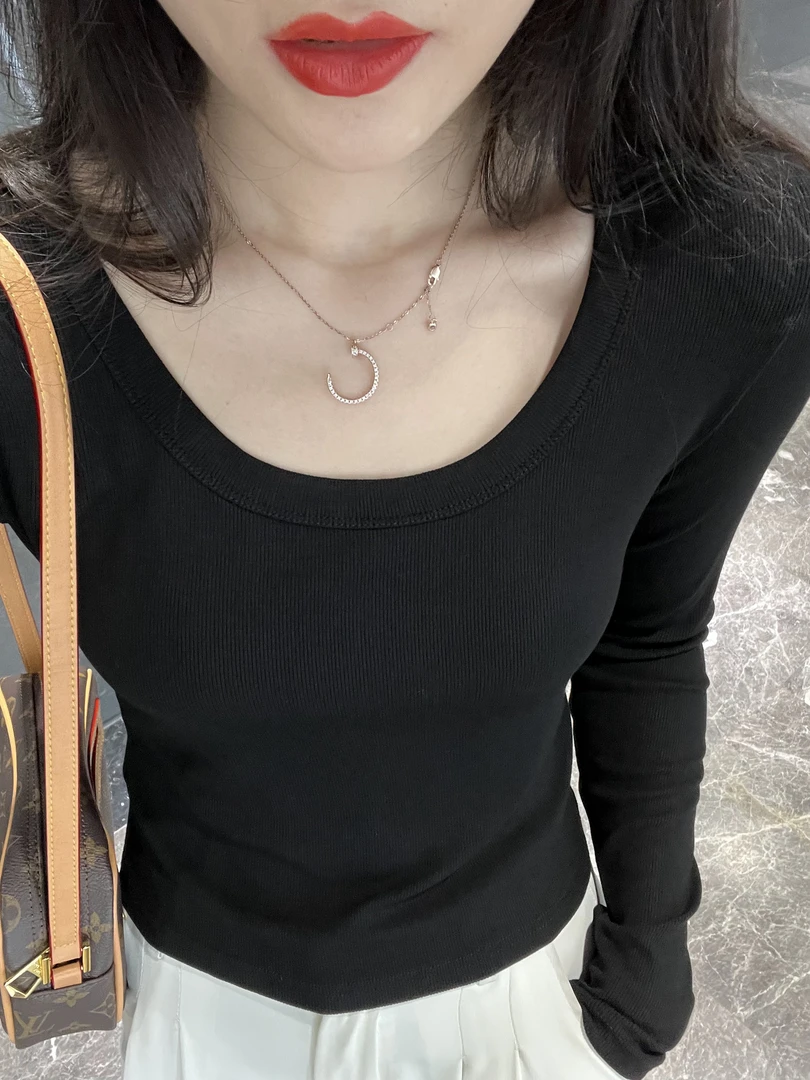 2025春秋U领长袖打底衫百搭女款爆款t恤260克低领修身显瘦打底衫