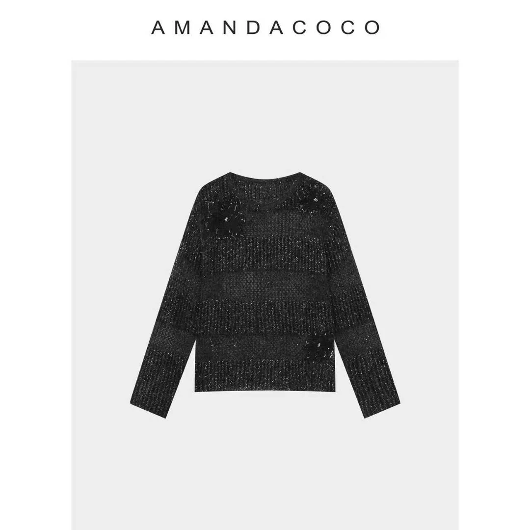 AMANDACOCO茜茜丨浪漫氛围～薄款法式钉钻亮片花朵气质镂空针织衫