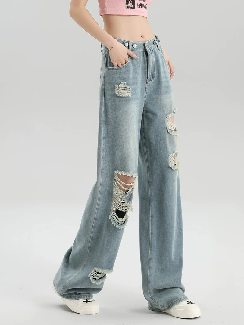 夏天破洞牛仔裤女薄款小个子夏季高腰显瘦宽松美式高街冰丝阔腿裤