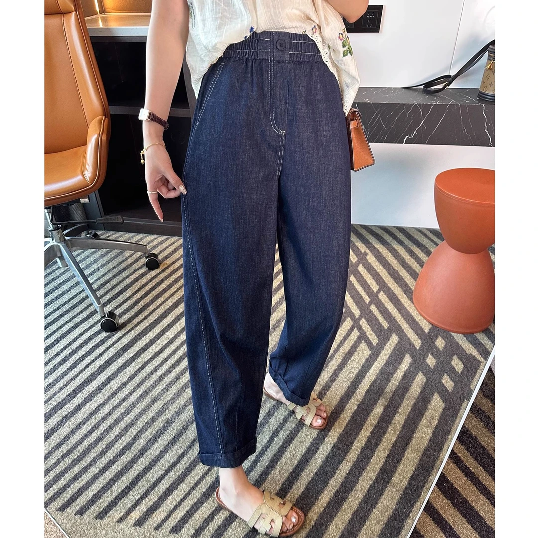 夏季薄款莱赛尔天丝牛仔裤女梨形身材松紧高腰卷边九分阔腿气球裤