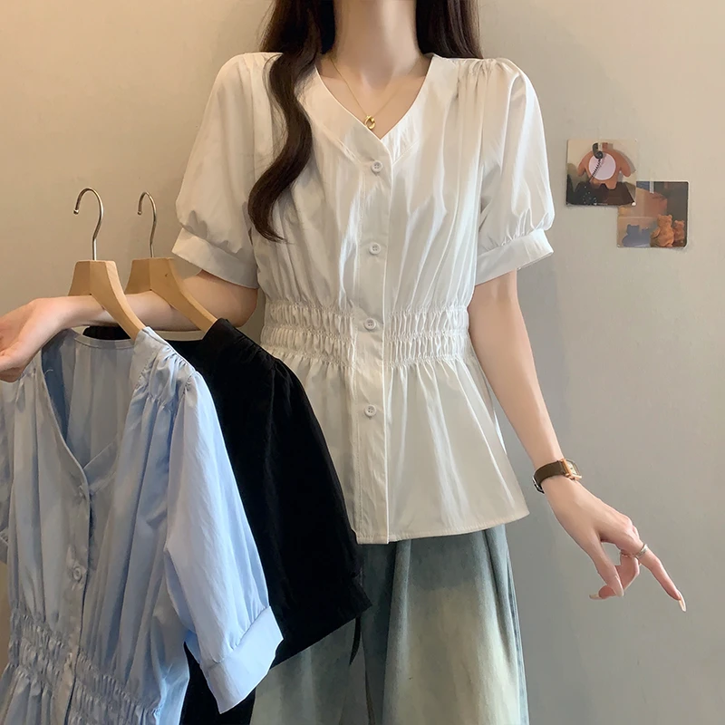 C大码设计感褶皱v领短袖衬衫女夏季胖mm显瘦宽松百搭减龄上衣
