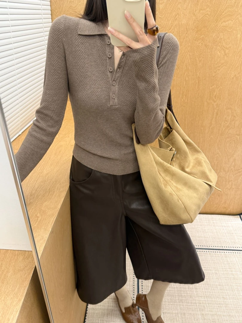 【很老钱的感觉】极简老钱r字纹多扣翻领显瘦上衣 1319