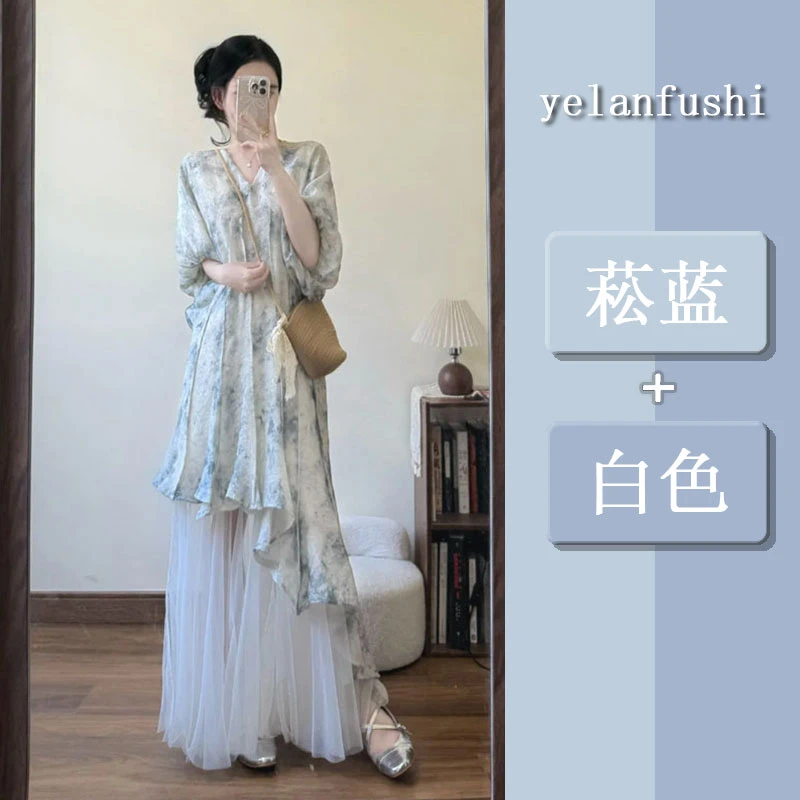 2025夏季新款高级感新中式国风连衣裙度假风小众网纱半身裙两件套