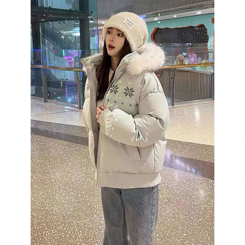 费尔岛大毛领印花棉服女款2025冬季新款美式复古保暖加厚棉袄外套