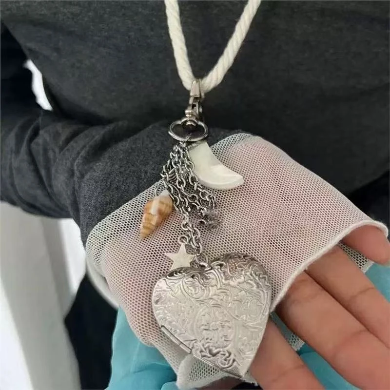 铜合金项链 1109多功能爱心可拆卸银色花纹长款项链包挂钥匙扣