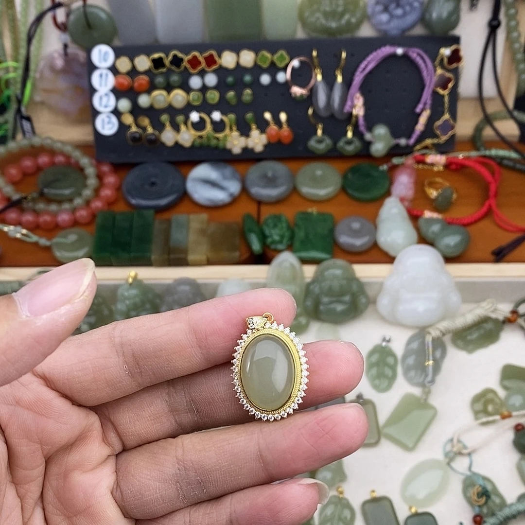 和田玉银S925镶嵌吊坠(不含链)