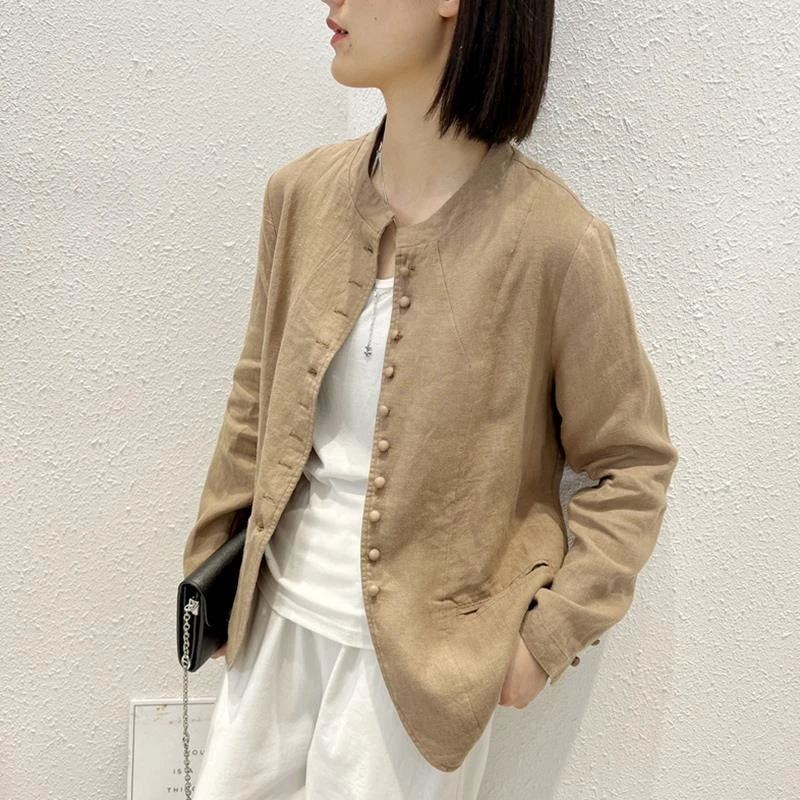 文艺圆领西装外套女夏季新款欧货复古休闲上衣中式立领棉质小西服