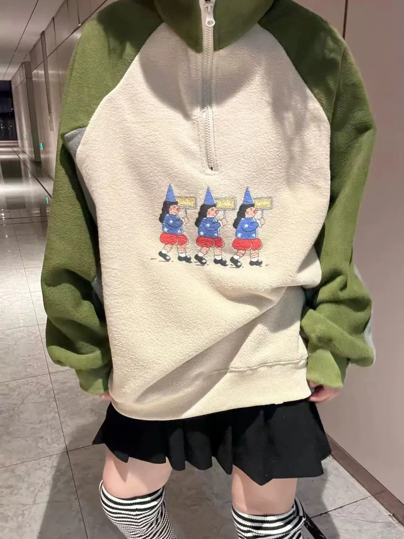 韩版新款半拉链三个小女孩插肩袖毛毛卫衣