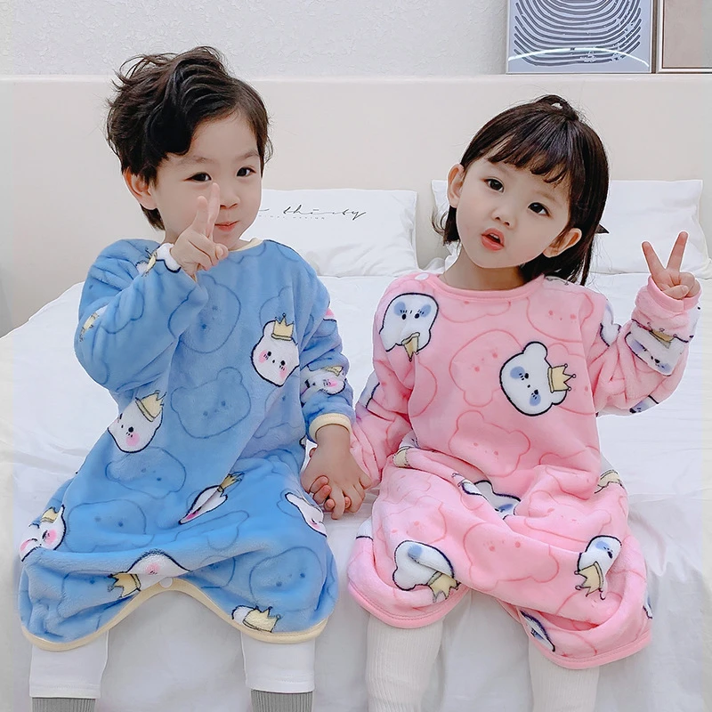 儿童连体睡衣春秋珊瑚绒男女孩法兰绒家居服冬季宝宝睡觉防踢睡袋