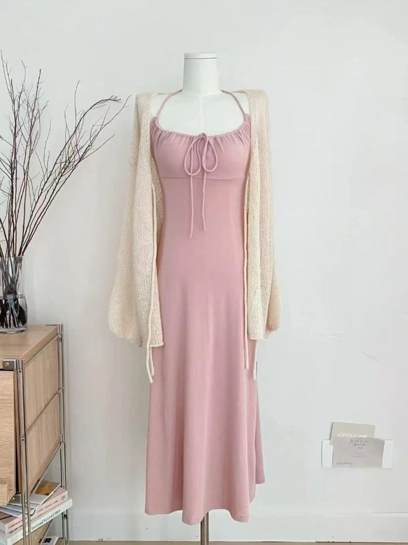 大码胖MM2025年春季长裙子温柔风开衫挂脖粉色连衣裙软糯开衫套装