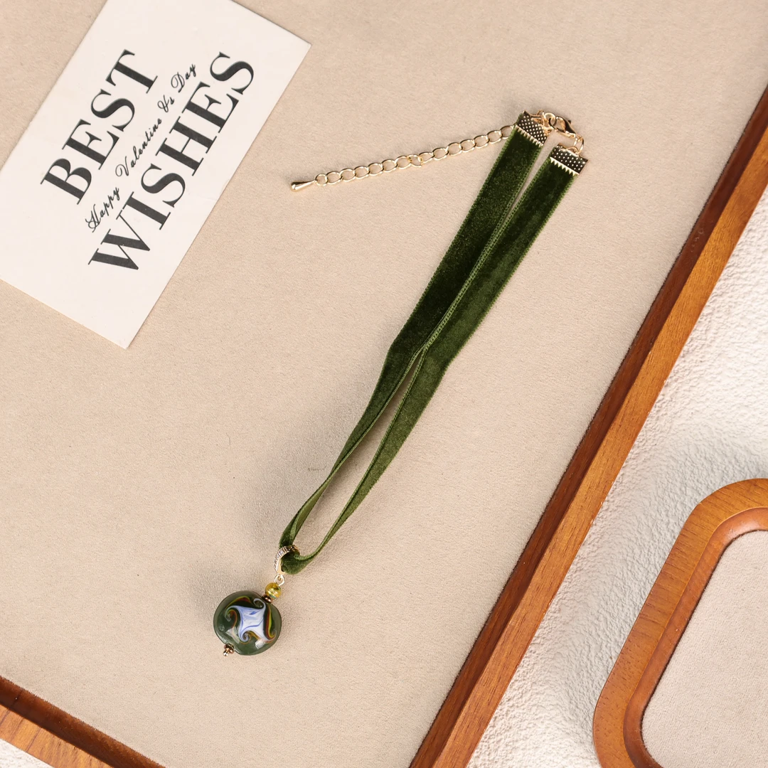 LZ5041-1绿色单颗吊坠布艺choker老珠子颈链项链 合集