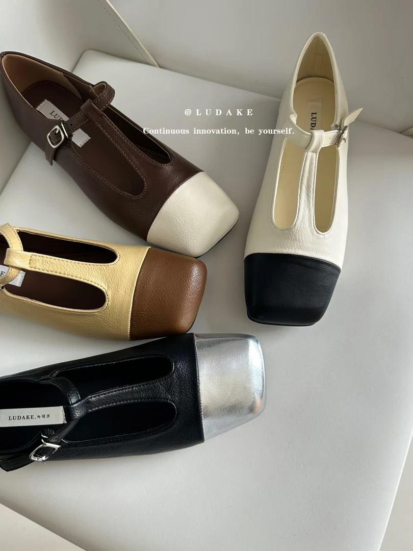 福秒 拼色方头T字带单鞋（XZ2639-1#）爱唯依