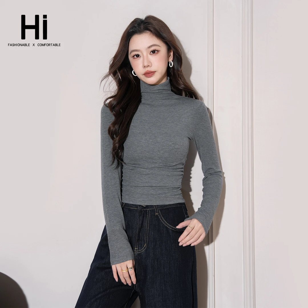 HI【嗨牌·高领打底衫】秋季褶皱修身显瘦亲肤柔软百搭长袖TL2497