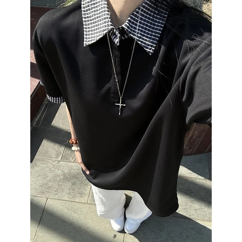 美式拼接格子polo衫短袖男女款夏季高级感翻领t恤设计感小众半袖