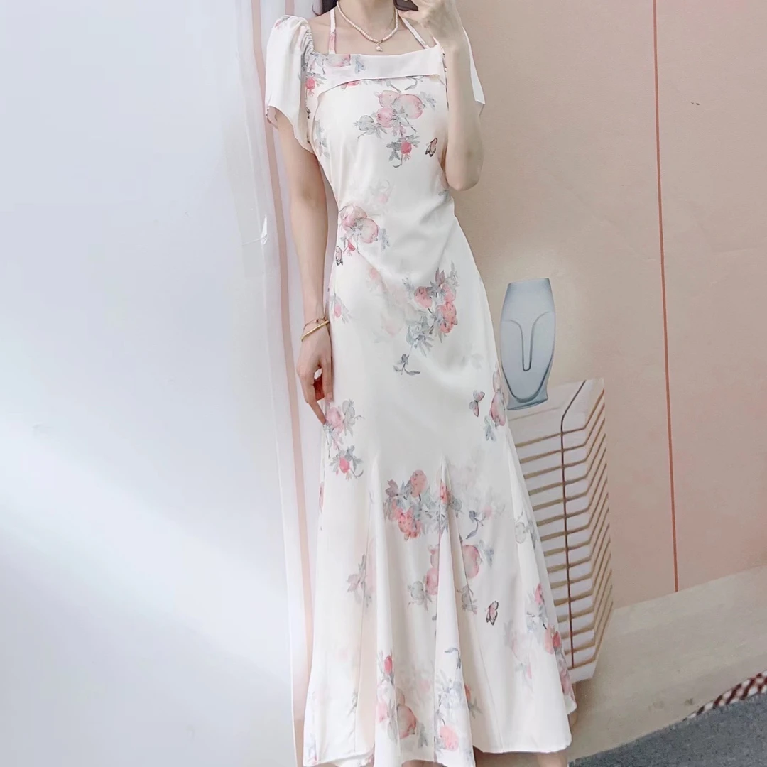 813清D1夏季专柜时尚法式复古荷叶收腰包臀鱼尾长裙连衣裙