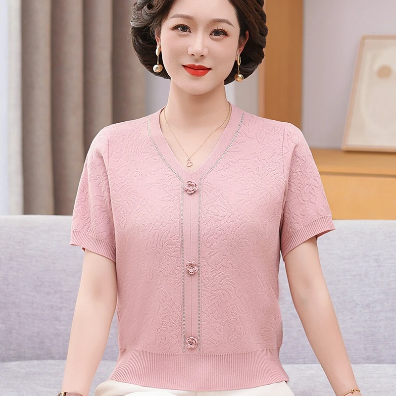 母亲节服装妈妈装夏季短袖阔太太气质中老年女装夏装小衫冰丝T恤