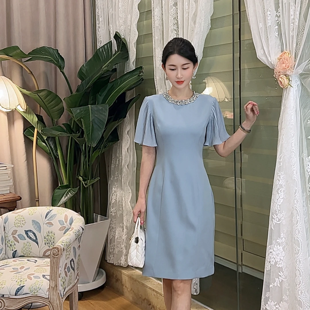 【微风浪花】 AN081 高端气质镶钻拼接有口袋短袖连衣裙