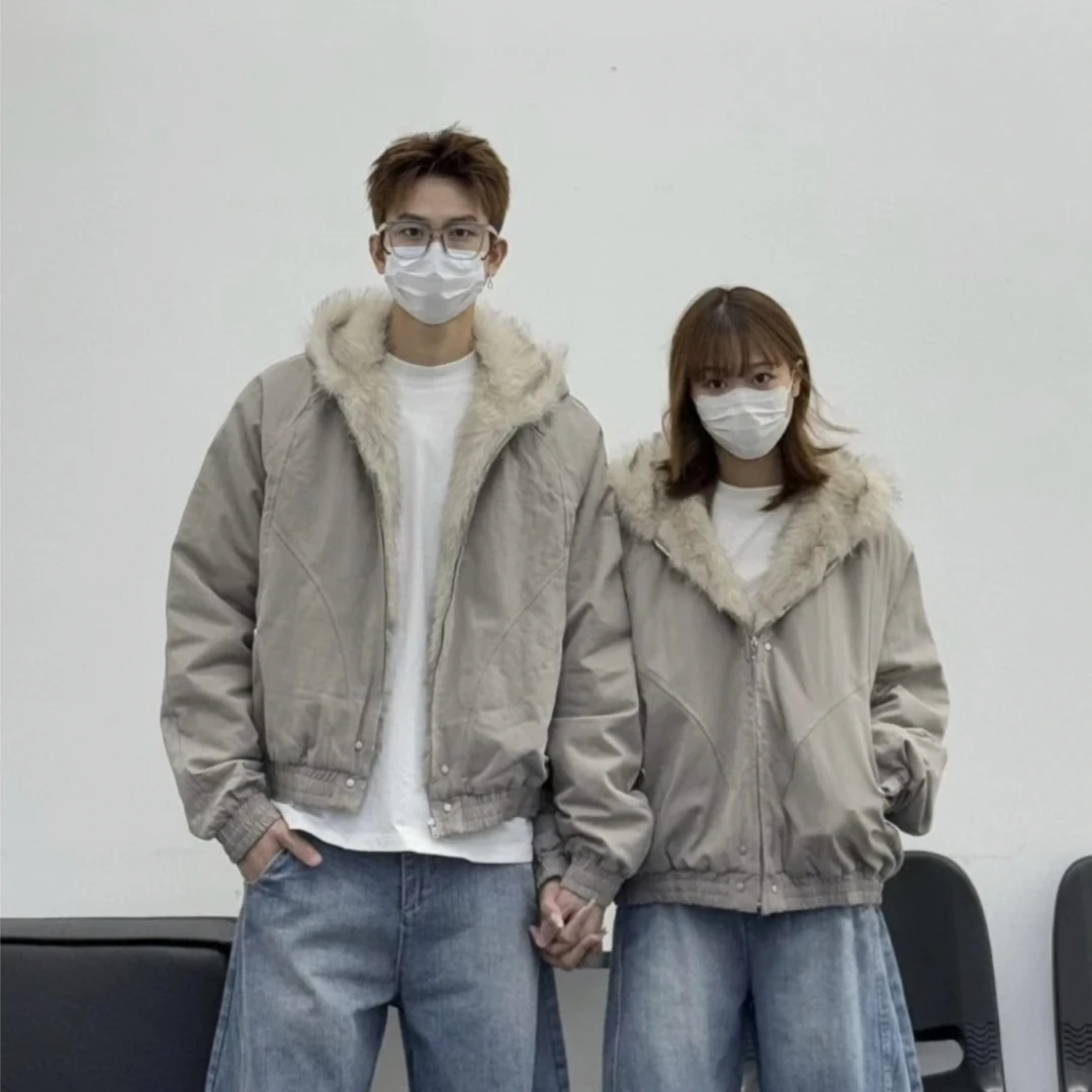 美式重磅座山雕连帽毛领棉服男秋冬加绒加厚服情侣装棉衣外套