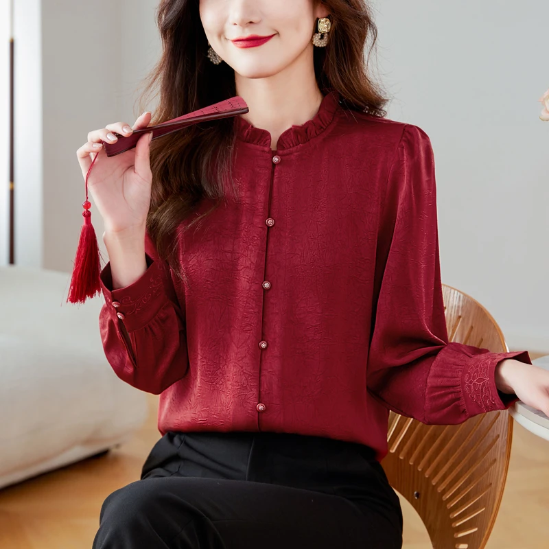 立领木耳边醋酸锻提花刺绣女上衣2025春季新款OL气质洋气长袖小衫