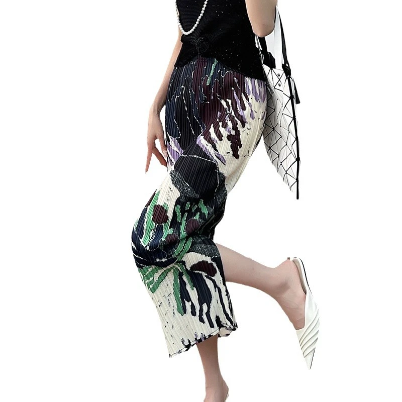 三宅系列2025年夏季时尚休闲新款印花褶皱半身裙女开衩直筒a字半