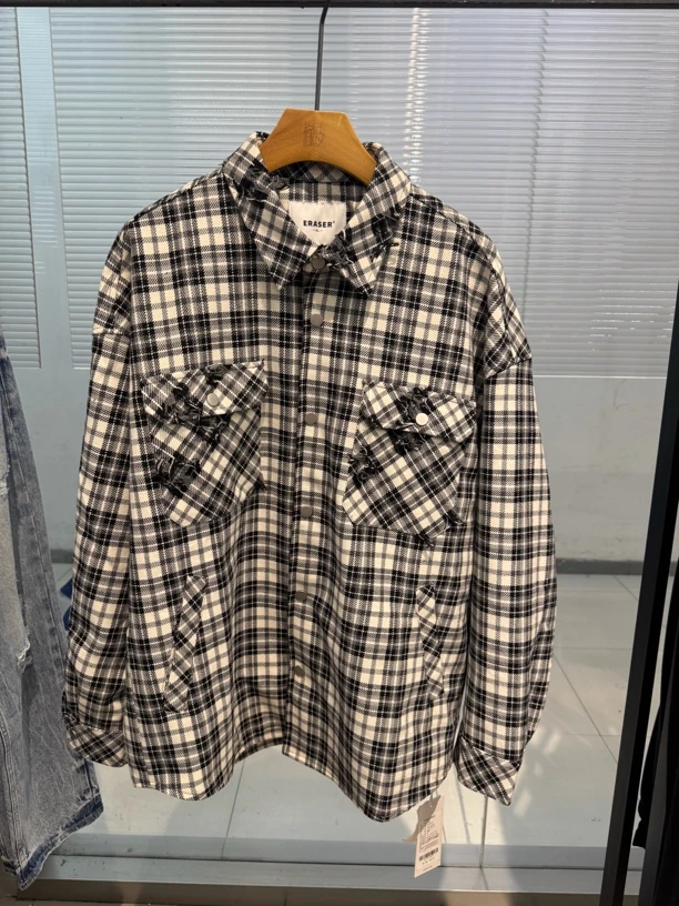 橡皮男装2241106016美式复古格子长袖衬衫宽松百搭