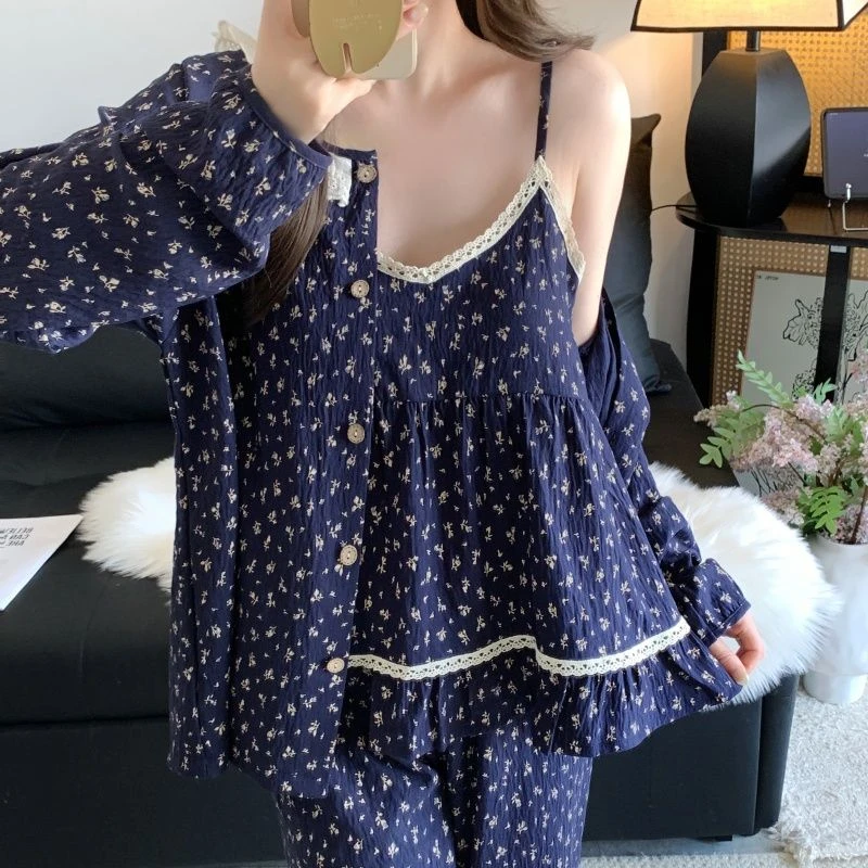 2025秋季新款长袖三件套吊带云朵棉纱韩系碎花带胸垫开衫睡衣女款