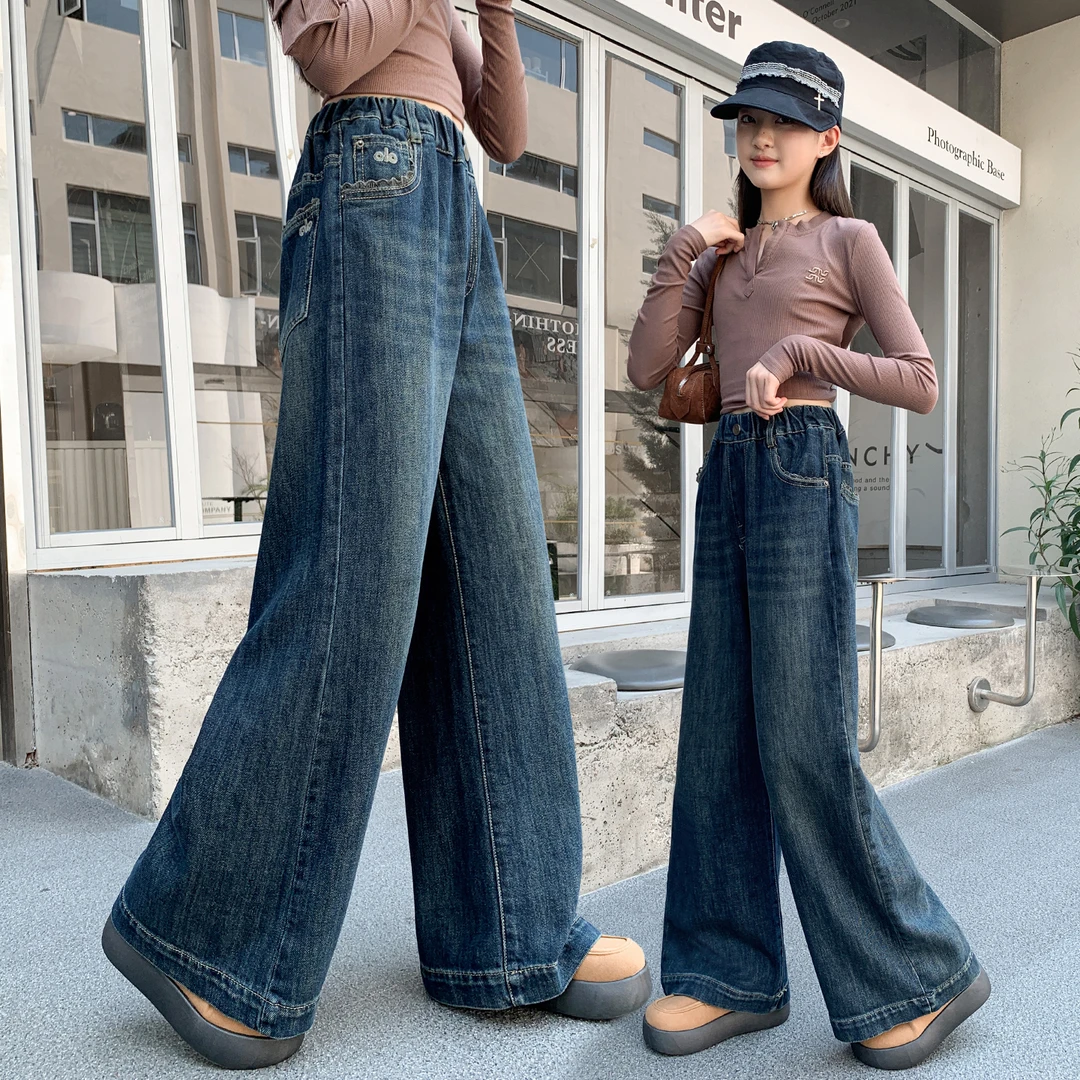 女童牛仔长裤秋装儿童宽松显瘦裤子2025新款春秋女大童韩系阔腿裤