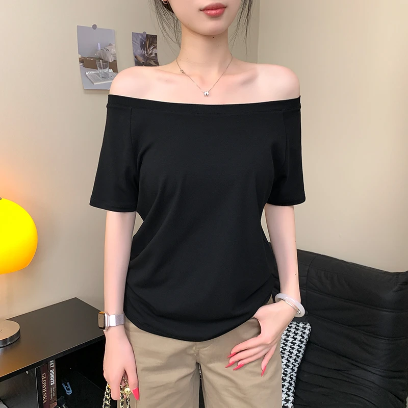 黑色一字肩中袖t恤女春夏2025新款修身五分袖高级感露肩锁骨上衣