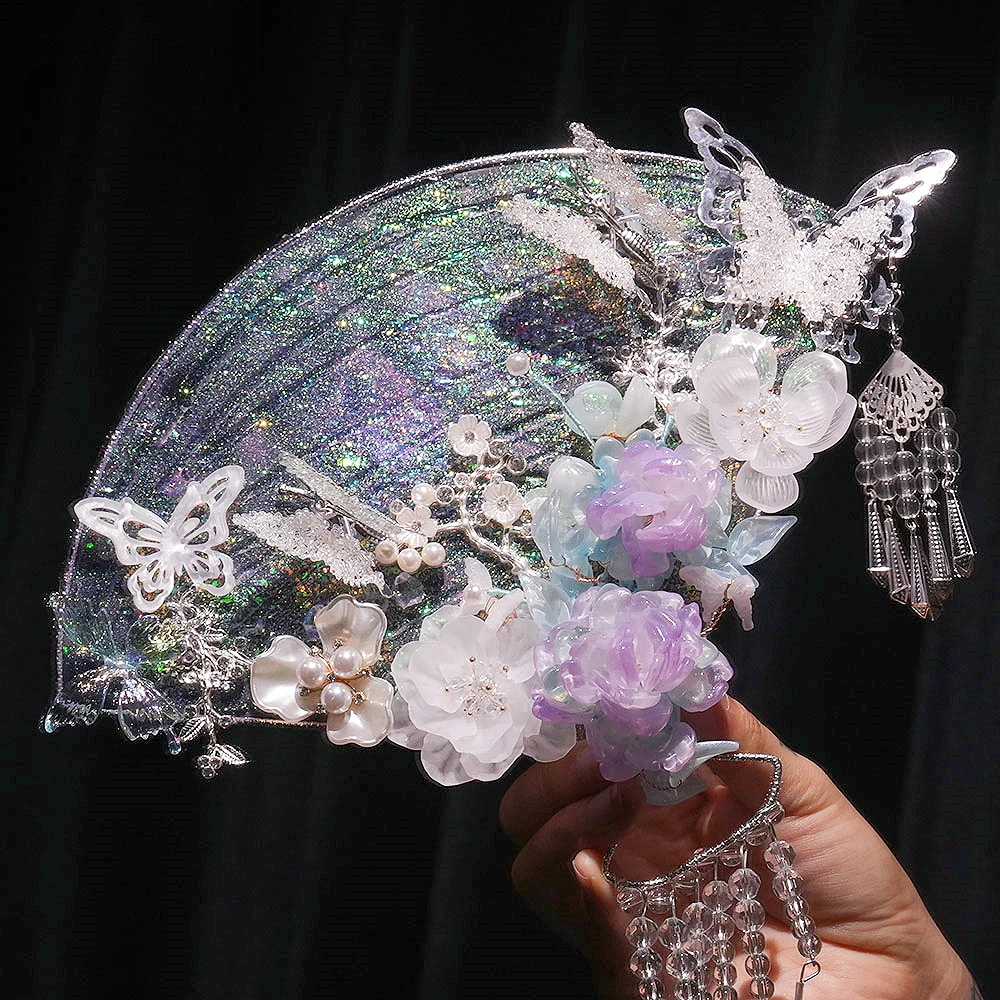 新娘扇子折扇晨袍结婚婚礼紫色琉璃花喜扇婚扇高级感手工diy成品