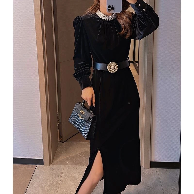 高端定制2025秋冬装新款女装裙子珍珠领赫本风修身显瘦法式连衣裙
