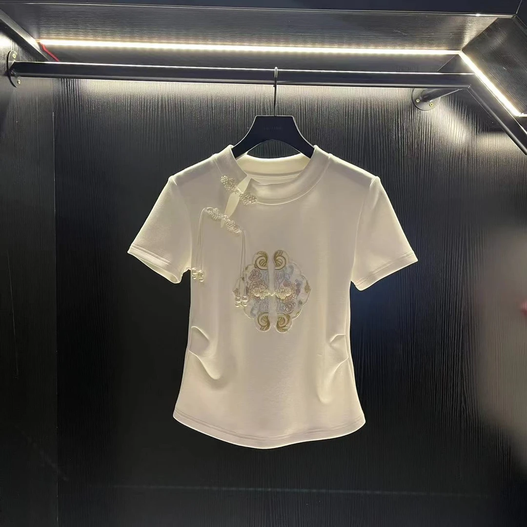 2025国风夏季中式刺绣新款小众时尚圆领短袖盘扣洋气修身T恤上衣