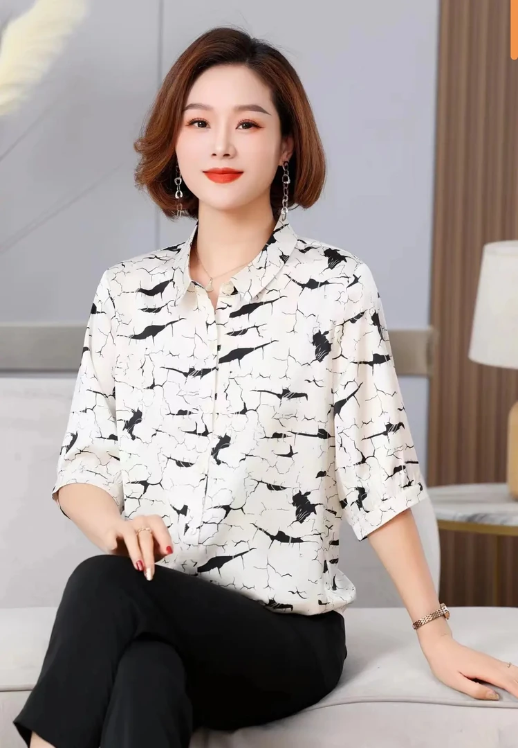 K001夏季高贵洋气印花衬衫新款妈妈装上衣高端小衫