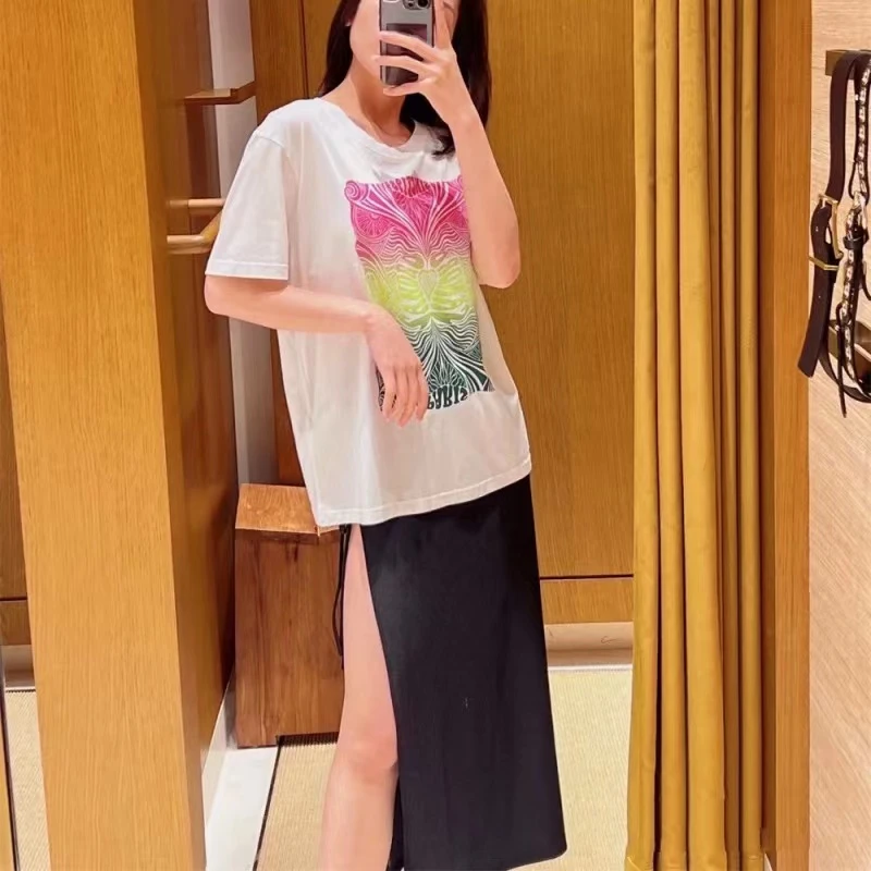 法式优雅23春夏新款彩色图案印花圆领短袖百搭T恤女-01