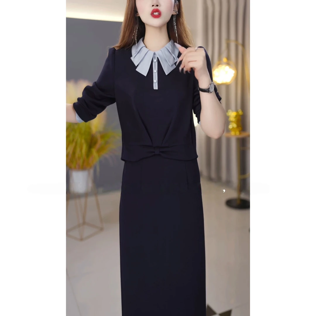 法式洋气圆领纯色上衣松紧腰半身裙两件套2025秋季新款时尚套装女