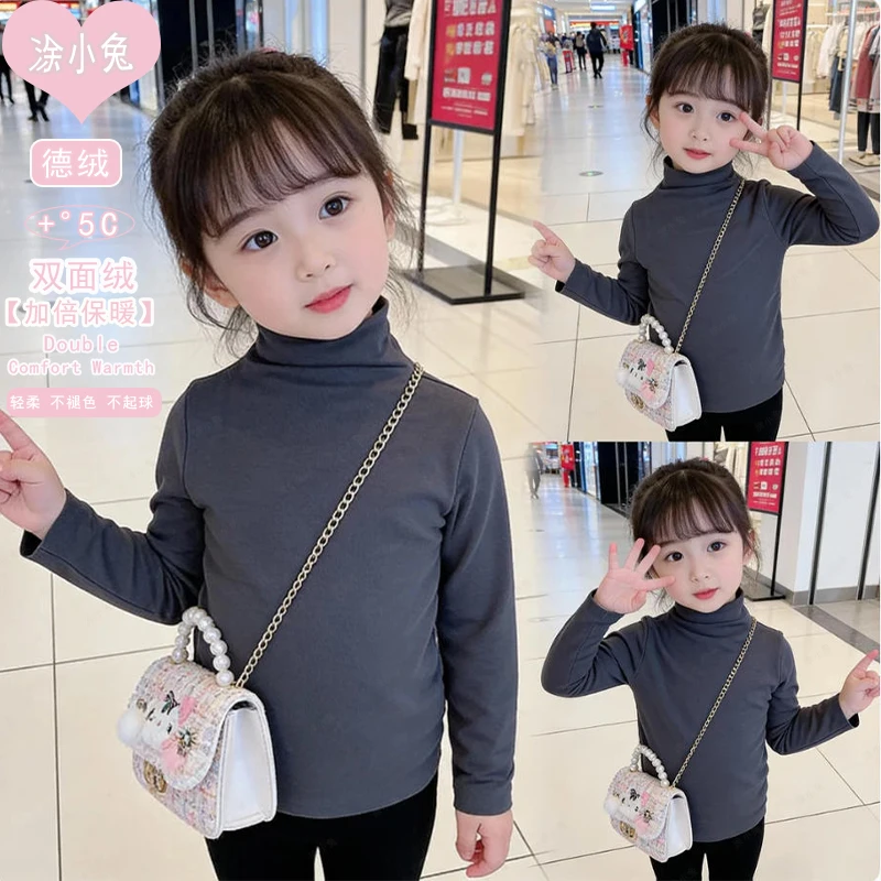 儿童德绒双面磨毛打底衫女童洋气秋冬半高领中大童上衣内搭长袖T