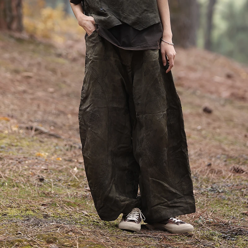 慢慢变蓝原创 荼 植物染系列进口提花丝阔腿休闲裤直筒裤文艺复古