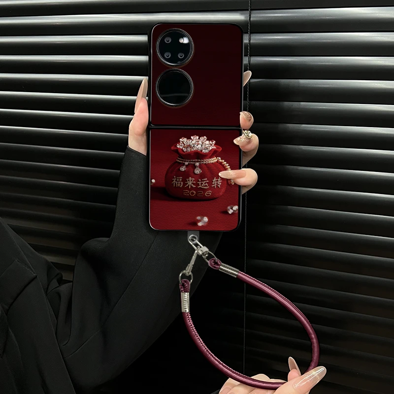 适用华为p50pocket手机壳福来运转小羊皮折叠壳全包保护套