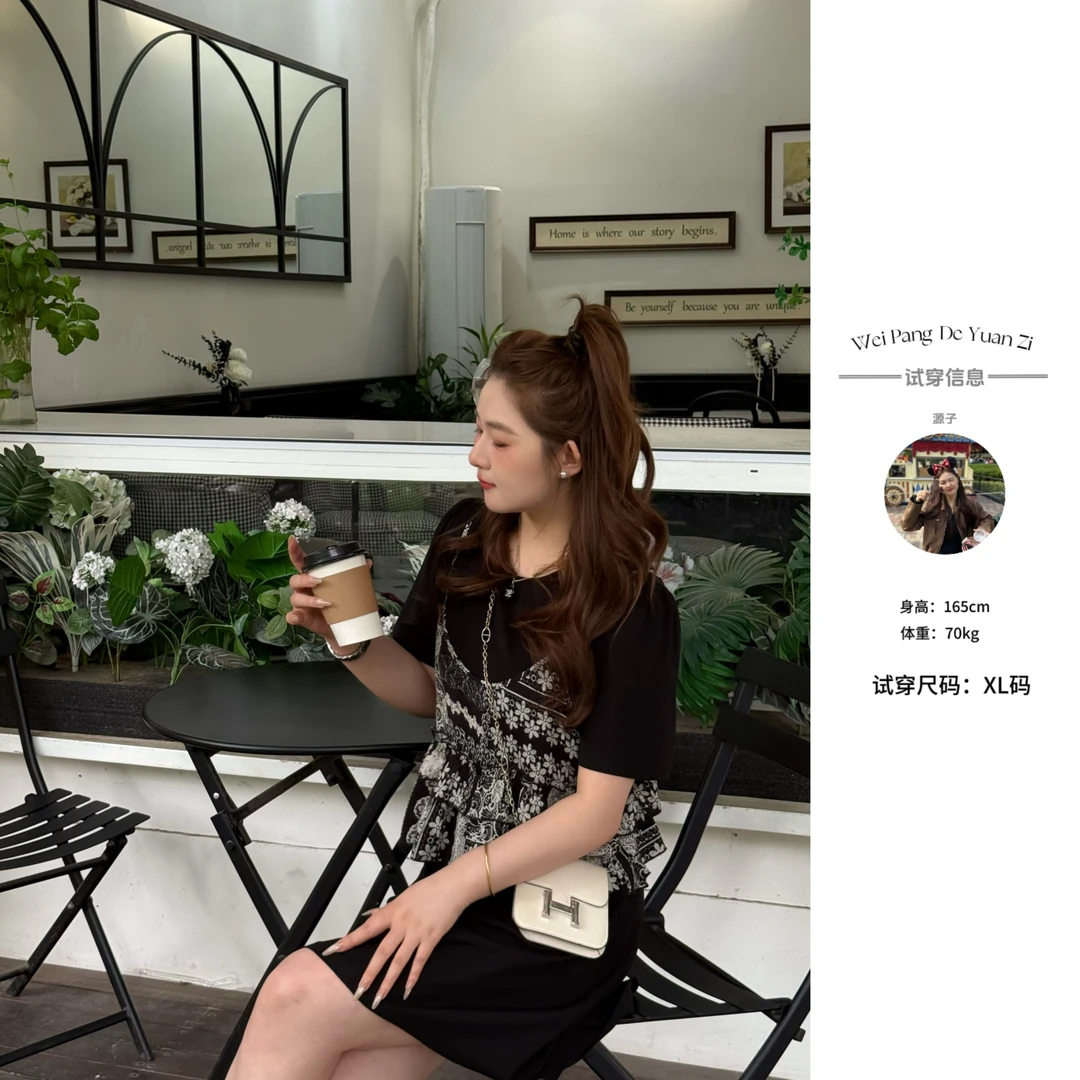 楠序微胖女装 假两件复古印花法式连衣裙夏季黑色长款裙子YZ36539