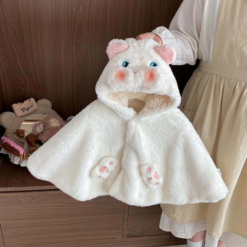 宝宝披风斗篷秋冬外出超萌连帽加绒披肩婴儿防风保暖上衣冬季外套