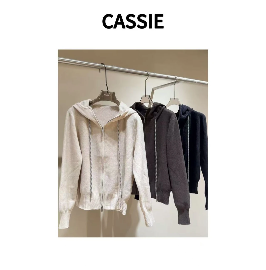 CASSIE2025秋冬韩系休闲简约百搭双拉链连帽针织开衫