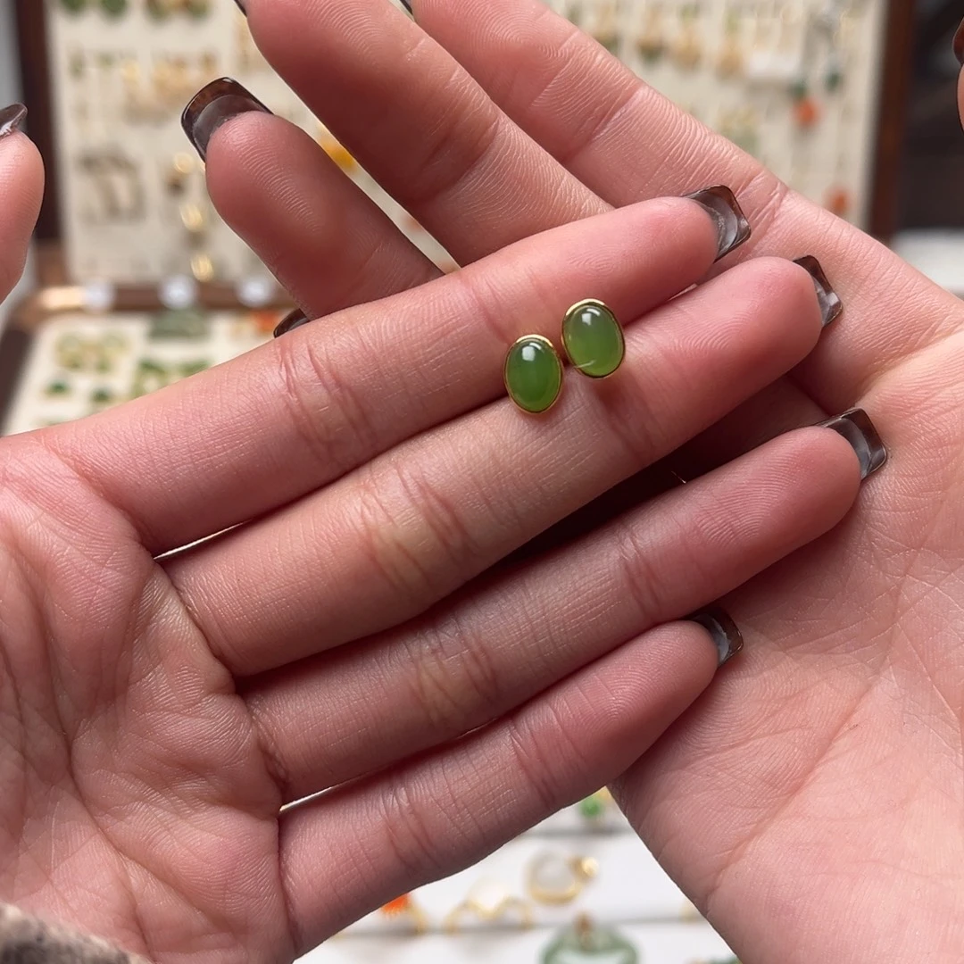 和田玉银S925镀金镶嵌耳坠