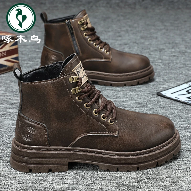 啄木鸟男鞋秋季新款时尚百搭英伦休闲马丁靴男士防滑厚底高帮皮靴