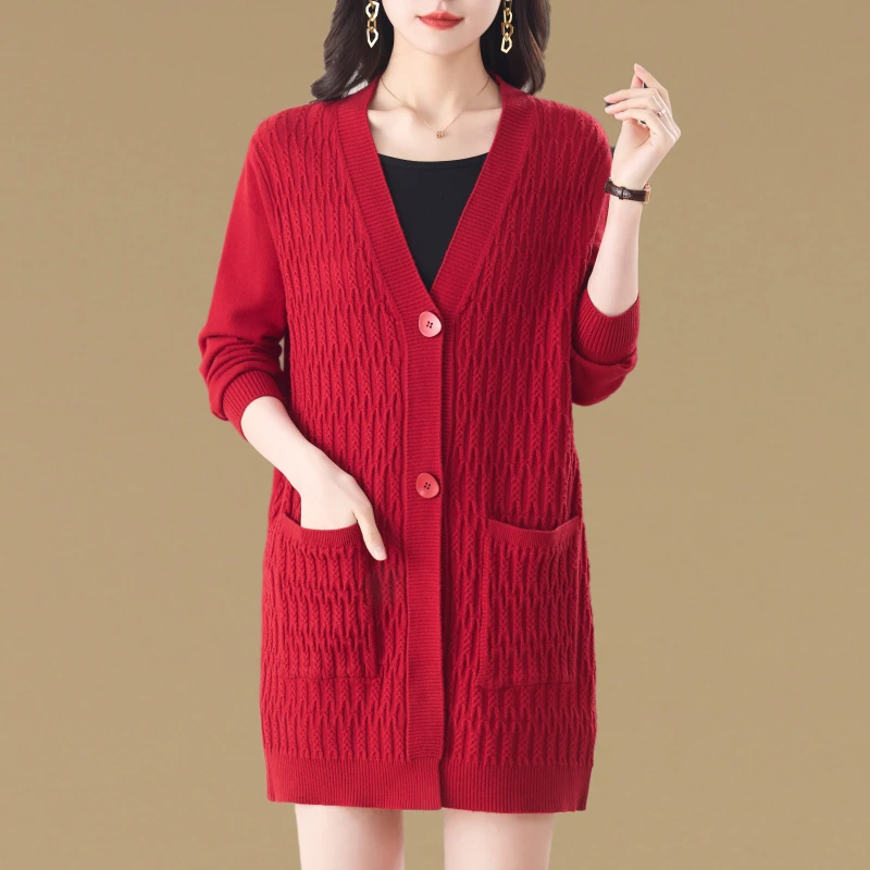 大码胖mm气质针织开衫女中长款春秋新款宽松外搭中年妈妈毛衣外套