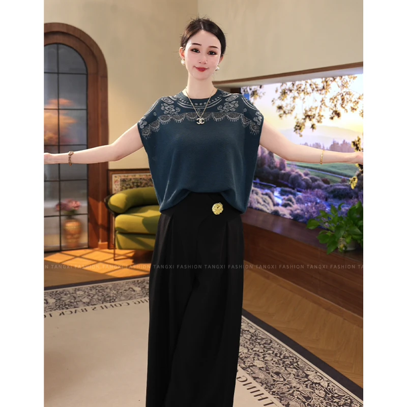 2025夏新【LT-1137】薄款天丝设计感气质短袖圆领百搭针织上衣女蓝