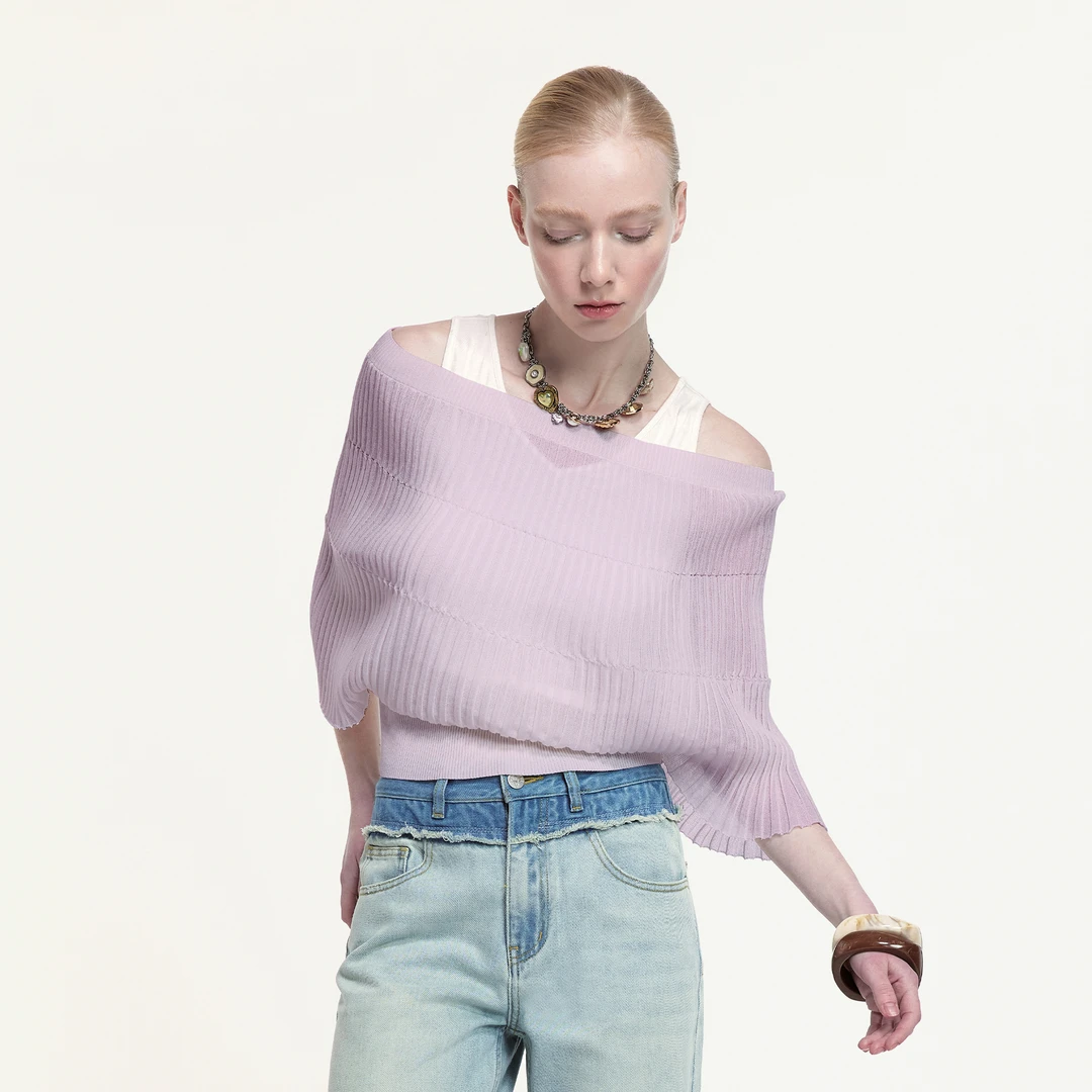 Eachway/艺之卉蝴蝶袖一字肩多色时尚宽松设计师T恤EV11M05846