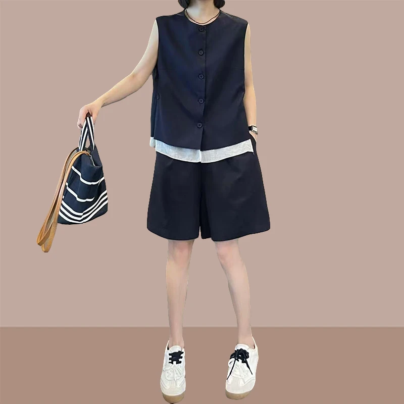 小个子夏装搭配一整套无袖花边上衣2025新款高腰休闲阔腿裤两件套